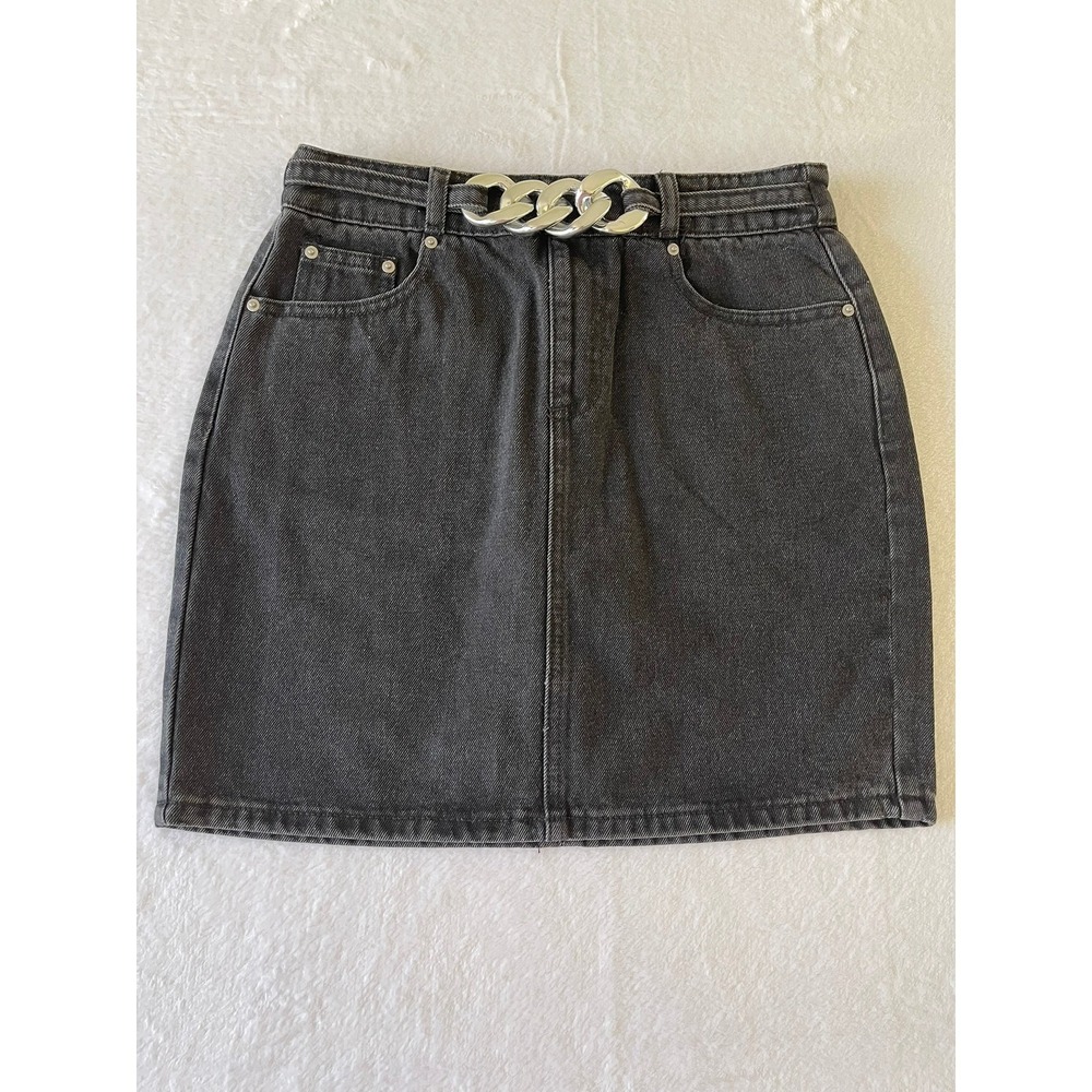 Urban Revivo Denim Mini Skirt Womens S 4 Black Silver Chain High Rise Y2K